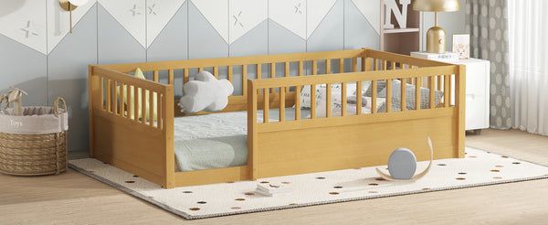 English Elm Twin Montessori Floor Bed Frame for Kids – Pine Playroom Bed with Fence for Reading & Imaginative Play Natural W1580P307880
