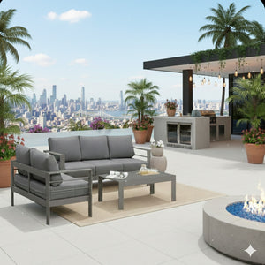 English Elm 3-piece Outdoor Aluminum Conversation Set with Deep Cushions and Wpc Coffee Table Dark Grey B082S00091