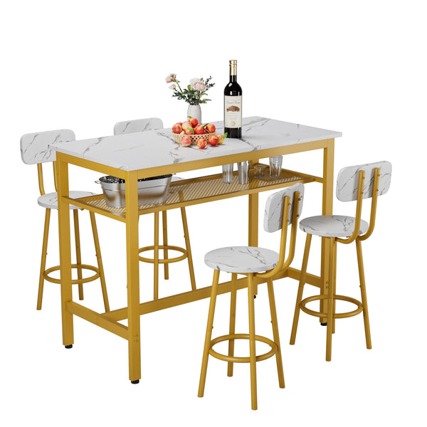 English Elm 5-Piece Chic Counter Height Dining Set White & Gold – Space-Saving MDF Bar Table with 4 Chairs W578P303838