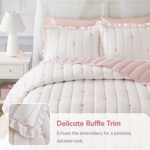English Elm 3-piece Reversible Microfiber Quilt Set Bow Embroidery Ruffled Trim Romantic Bedroom Pink+White B035P482881