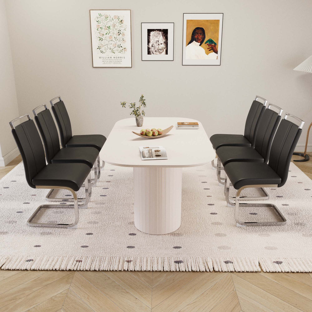 English Elm 63 Inch Cream Mdf Dining Table with 6 Pu Leather Chairs Silver Metal Base Set W2189S00882