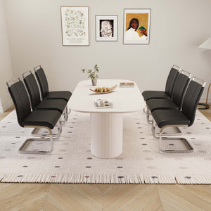 English Elm 63 Inch Cream Mdf Dining Table with 6 Pu Leather Chairs Silver Metal Base Set W2189S00882