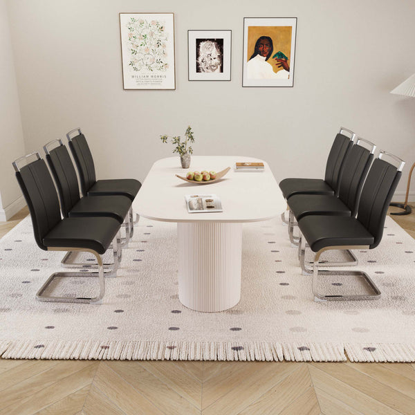 English Elm 63 Inch Cream Mdf Dining Table with 6 Pu Leather Chairs Silver Metal Base Set W2189S00882