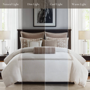 English Elm 9-piece King Bedding Set Velvet Slub Fabric Embroidered Comforter with Euro Shams Tan+Ivory B035P482956