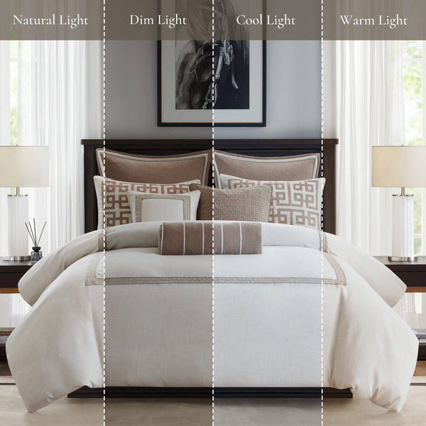 English Elm 9-piece King Bedding Set Velvet Slub Fabric Embroidered Comforter with Euro Shams Tan+Ivory B035P482956