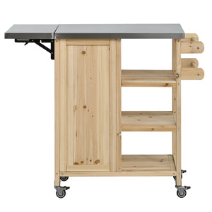 English Elm Foldable Outdoor Kitchen Cart with Stainless Worktop Fir Wood Frame and Lockable Wheels Natural N719P380281N