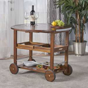 English Elm Christopher Knight Home® - BAR Tillary Outdoor Acacia Wood Drop-Leaf Bar Cart with Wine Rack, Drawers & Aluminum Wheels, Oak 60987.00