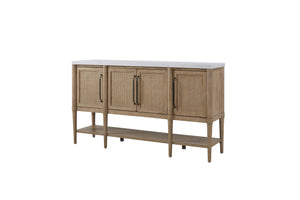 English Elm 54" Expandable Round Dining Set w/ 4 Chairs, Sand Mindi Veneer Finish, Cement Top Server, Cane Insets, Soft-Close Hinges, Web Seating - 6PC Stylish Entertaining B2699S00064