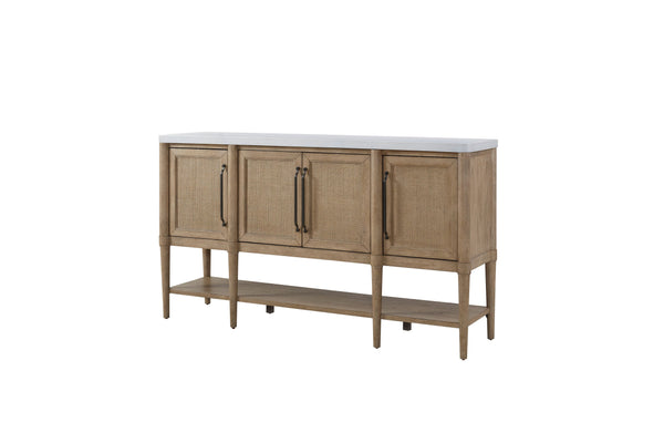 English Elm 54" Expandable Round Dining Set w/ 4 Chairs, Sand Mindi Veneer Finish, Cement Top Server, Cane Insets, Soft-Close Hinges, Web Seating - 6PC Stylish Entertaining B2699S00064