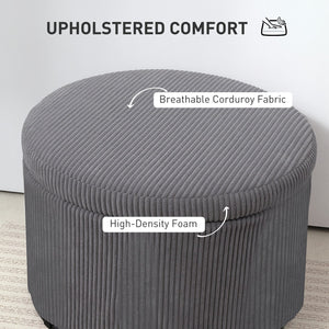 English Elm Upholstered Corduroy Round Storage Ottoman with Lid for Living Room or Bedroom T3971P430899