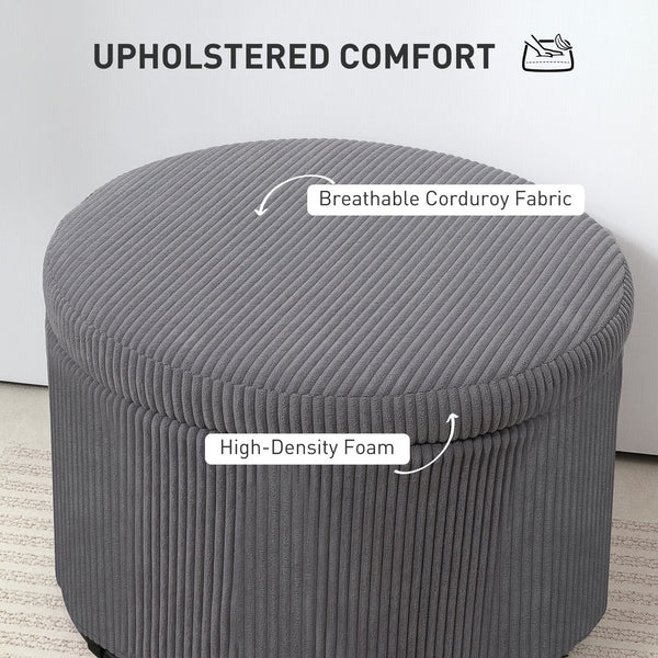 English Elm Upholstered Corduroy Round Storage Ottoman with Lid for Living Room or Bedroom T3971P430899