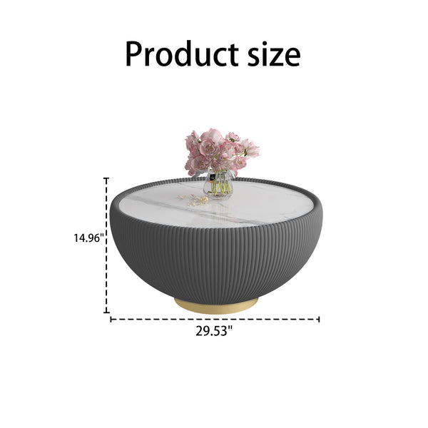English Elm Light Round Sintered Stone Coffee Table with Leather Base and Brass Accents Modern W3081P309607