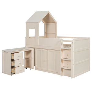 English Elm Twin House Loft Bed with Pull Out Rolling Desk Stair Drawers and Cabinet Storage Beige N820S00072A
