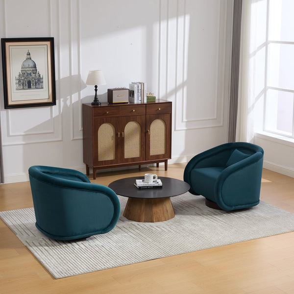 English Elm Swivel Barrel Chair Pumpkin Sculptural Velvet Upholstered with Walnut Wood Round Base Teal W3244P427742