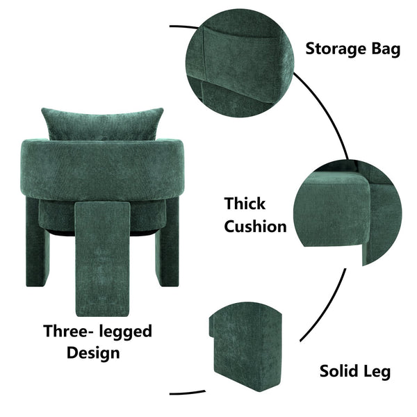 English Elm Modern Chenille 3-Leg Dining Chair with Ergonomic Arms and Removable Pillow, Supportive Comfy Accent Seating for Small Spaces Dark Green 31.5 L x 27.76 W x 15.16 H W1716P280600