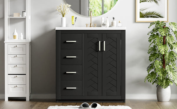 English Elm 30'' Elegant Bathroom Vanity Combo With Ceramic Sink, Storage Cabinet, 3 Drawers & Soft-Close Doors N710P191970B
