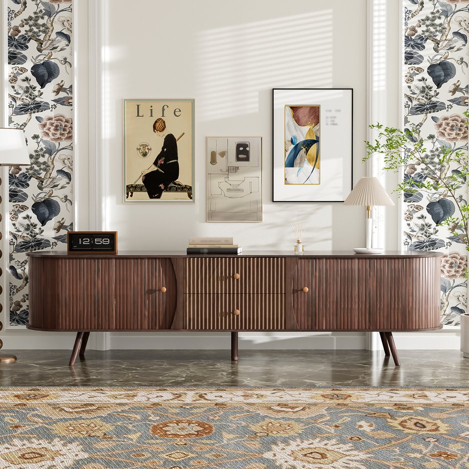 English Elm 70 Inch Mid Century Media Console with Tambour Doors Fluted Drawers and Wood Legs N710P419840P