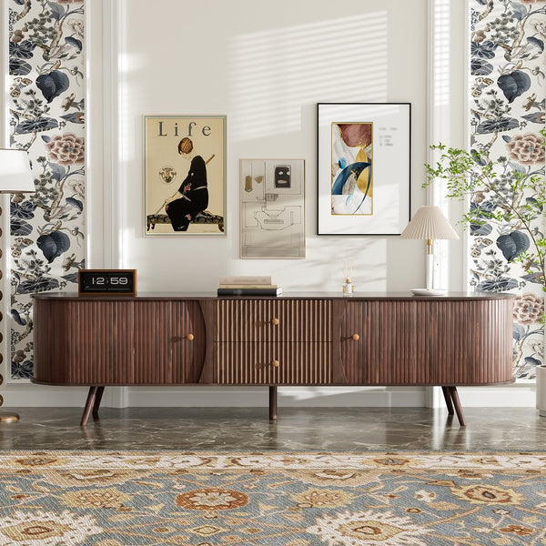 English Elm 70 Inch Mid Century Media Console with Tambour Doors Fluted Drawers and Wood Legs N710P419840P