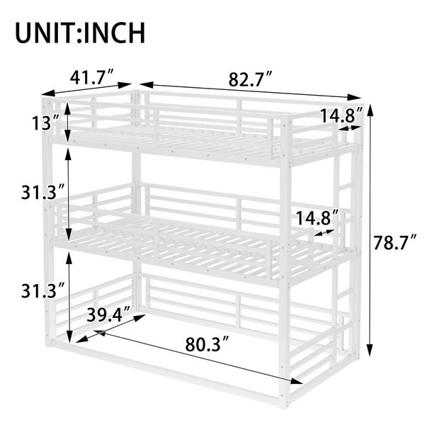 English Elm Twin Xl Triple Bunk Bed - Heavy-Duty Metal Frame With Safety Guardrails & Noise-Reduced Design, White W1580S00165-GIGA