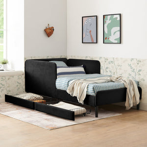English Elm Twin Velvet Upholstered Platform Bed with 2 Underbed Drawers, Adjustable Sofa Bed, Modern Black Design W1413P298910