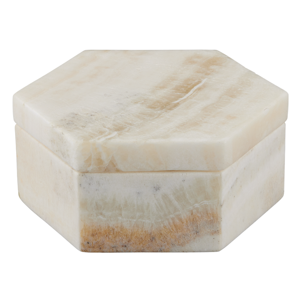 Arco Onyx Hexagon Box – Modern Decorative Accessory with Unique Natural Stone Variations, Ivory Finish