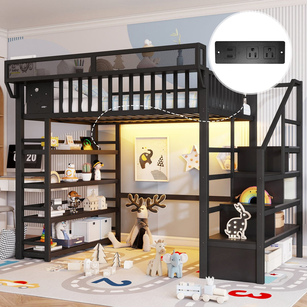 English Elm Full Metal Loft Bed with Stair Storage Rgb Lighting and Charging Station for Teens Black W2580S00074