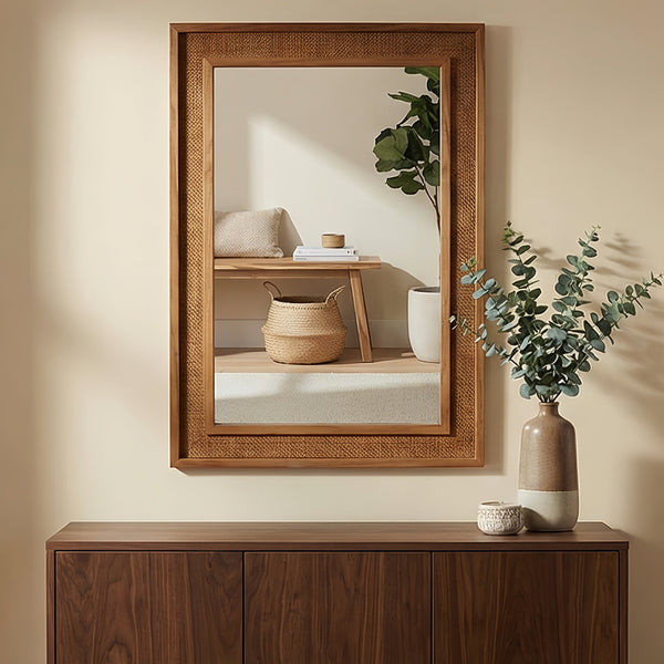 English Elm Natural Rattan Wrapped Solid Wood Frame Rectangle Mirror for Farmhouse Entryway Bath Yellowish-Brown W2203P436625