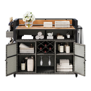 English Elm K&K Wicker Outdoor Grill Cart with Foldable Drop Leaf, Locking Wheels, Wine Rack & Ample Storage Grey N707P233747G