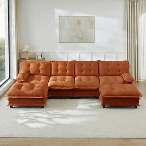 English Elm 138" U-shaped Chenille Cloud Sectional with Ottomans Deep Seat Modular Living Room Sofa Orange W714S01742