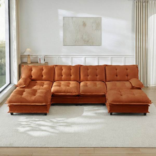 English Elm 138" U-shaped Chenille Cloud Sectional with Ottomans Deep Seat Modular Living Room Sofa Orange W714S01742