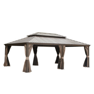 English Elm 14x24FT Hardtop Gazebo Outdoor Pavilion with Galvanized Double Roof, Aluminum Frame, Built-In Gutter System, Curtains and Mesh for Patio Garden Brown W1859S00107