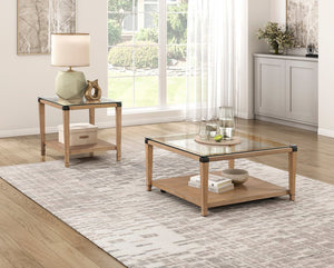 English Elm Modern Square Glass Top Coffee Table with Brown Wood Base Casters and Open Shelf B011P459334