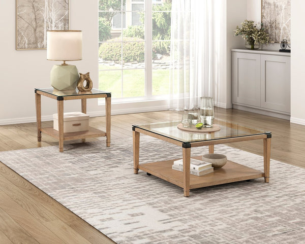 English Elm Modern Square Glass Top Coffee Table with Brown Wood Base Casters and Open Shelf B011P459334