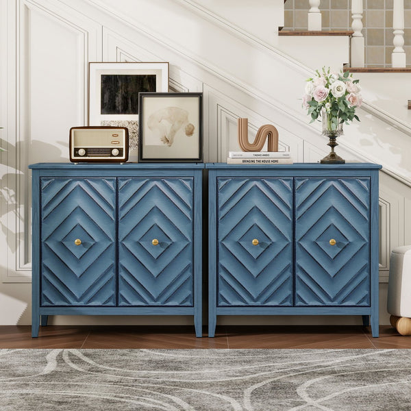 English Elm Geometric Diamond Embossed Sideboard Cabinet Matte Vintage Mdf Entryway Storage Blue W688P364739