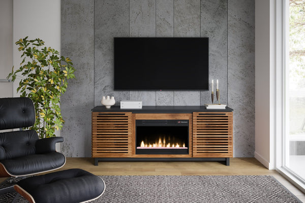 English Elm 69 Inch Fireplace TV Stand Console with 42" Electric Insert, Bourbon Black Two-Tone, Fits 80" TVs B108P216646