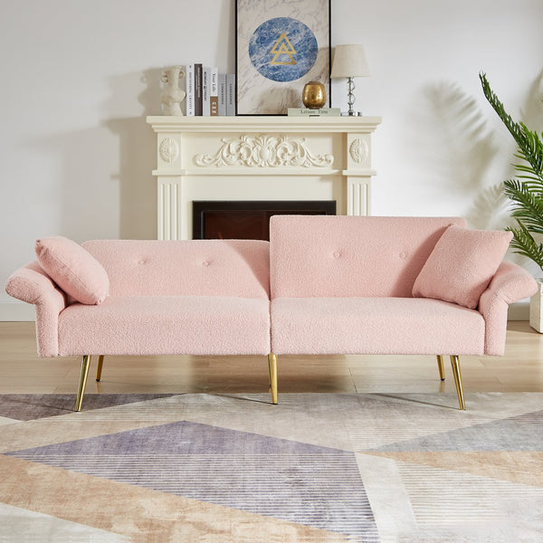 English Elm Modern Teddy Upholstered Loveseat Sofa Bed with Adjustable Backrest, Foldable Armrests & Gold Legs Pink W1117P303443