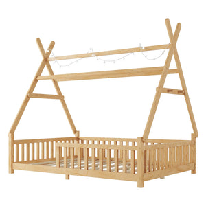 English Elm Twin Montessori Floor Bed House Frame with Led Lighting and Safety Rails for Kids Natural W2593P440591