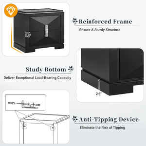 English Elm Mid-century Modern Nightstand with Diamond Geometric Drawers and Heavy Duty Wood Base Black N761P324094B