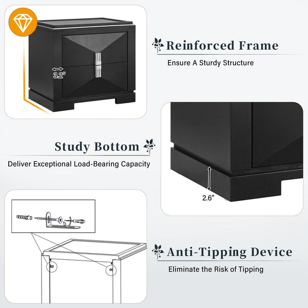 English Elm Mid-century Modern Nightstand with Diamond Geometric Drawers and Heavy Duty Wood Base Black N761P324094B