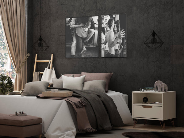 English Elm Rockefeller 20" Nightstand with Drawer and Open Shelf, Metal Splayed Legs, Modern Storage Accent Off White B365P398158