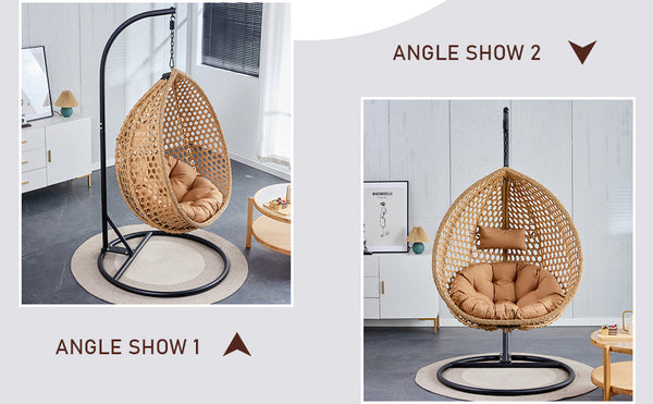 English Elm 76.8-inch Hand Woven Rattan Egg Swing Chair Indoor Outdoor with Cushion Lumbar Pillow Yellow W1512P498594