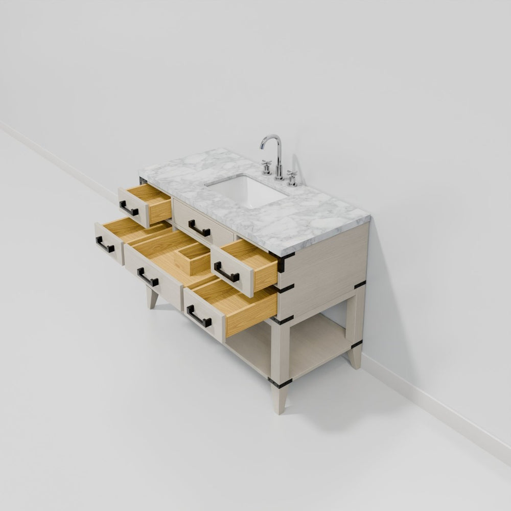 English Elm White Oak Single Bath Vanity 48" W With Carrara Marble Top & Chrome Faucet – Elegant Storage Solution B2731P260242-GIGA