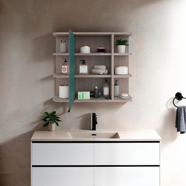 English Elm Medicine Cabinet with Mirrored Door Six Open Shelves Light Gray Bathroom Wall Storage B097133146