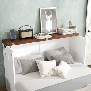 English Elm Murphy Cabinet Queen Bed Solid Pine Frame with Built-in Charging Station for Guest Rooms White+Walnut W504S00193