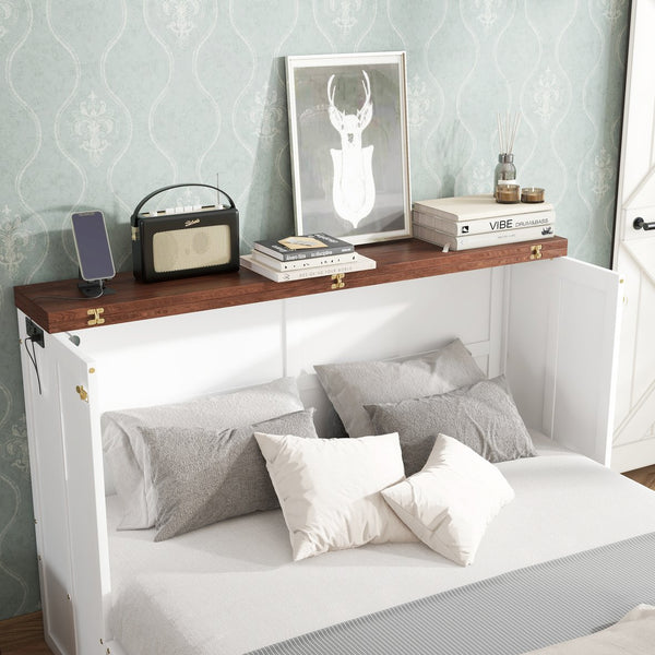 English Elm Murphy Cabinet Queen Bed Solid Pine Frame with Built-in Charging Station for Guest Rooms White+Walnut W504S00193