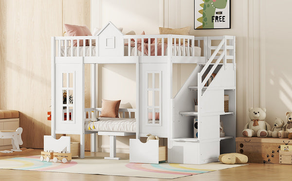 English Elm Twin-over-twin Bunk Bed Convertible Lower Desk Solid Pine Kids Bedroom Space Saver White LT000681AAK-1