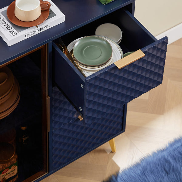 English Elm Deluxe Modern Carved Chest of Drawers with Tempered Glass Doors, 3 Drawers + 2 Compartments, Sleek Metal Legs Dark Blue W1162P295365