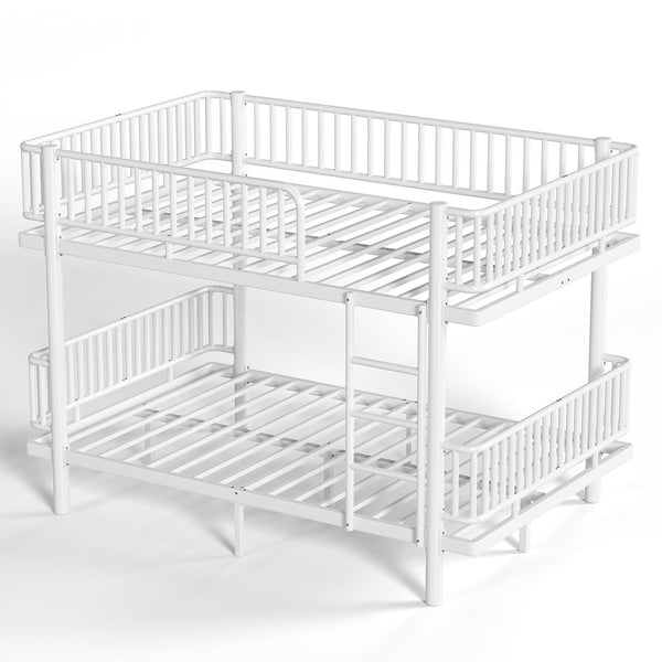 English Elm Queen Over Metal Bunk Bed Convertible Platform Frame with Safety Guardrails Light White W5305S00064