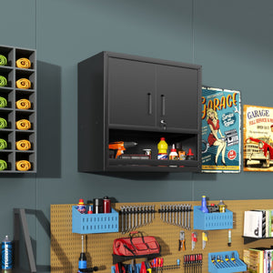English Elm Metal Wall Mounted Steel Cabinet Locking Doors Open Drawer Garage Workshop Storage T2398P374169