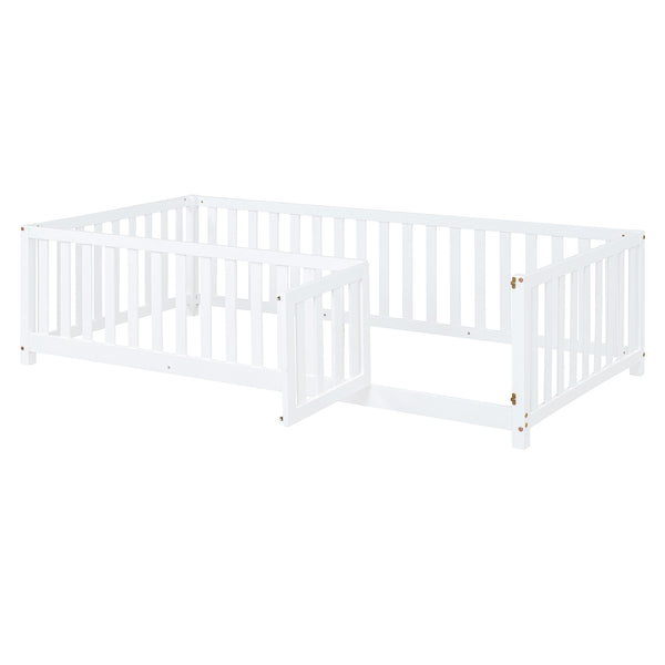 English Elm Twin Pinewood Daybed with Fence Guardrails Splits Into Two Floor Beds Storage White LP100881AAK